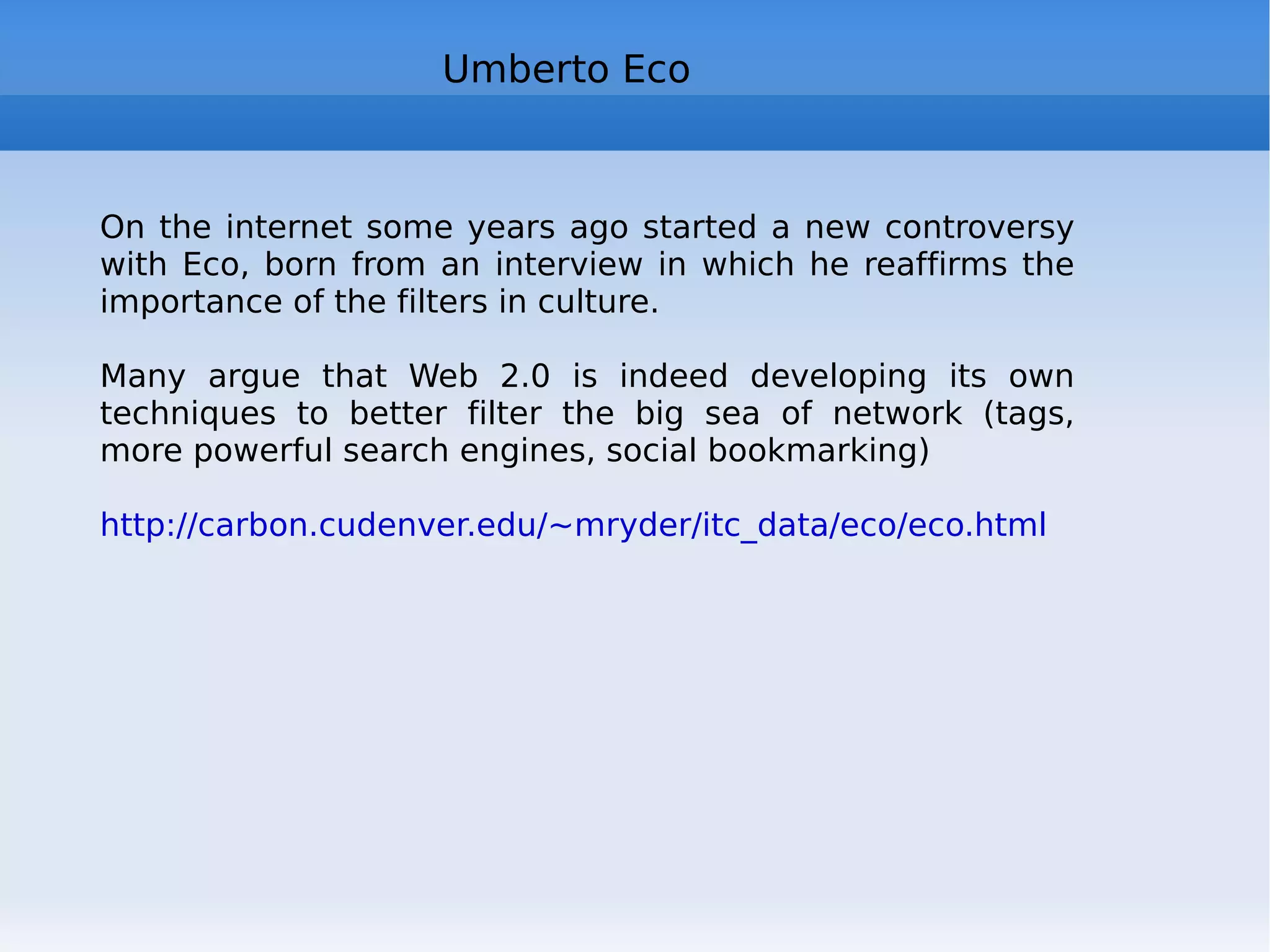 definizioni One of the first definition, the most cited: http://www.oreilly.com/pub/a/oreilly/tim/news/2005/09/30/what-is-web-20.html Other definitions .-- comments? http://www.google.com/search?hl=en&defl=en&q=define:Web+2.0&ei=fG_xS4TrNs_e-QbnvNX9Bw&sa=X&oi=glossary_definition&ct=title&ved=0CBgQkAE   Altri corsi http://cuip.uchicago.edu/~cac/nlu/web2.0/ http://corsow.wordpress.com/   