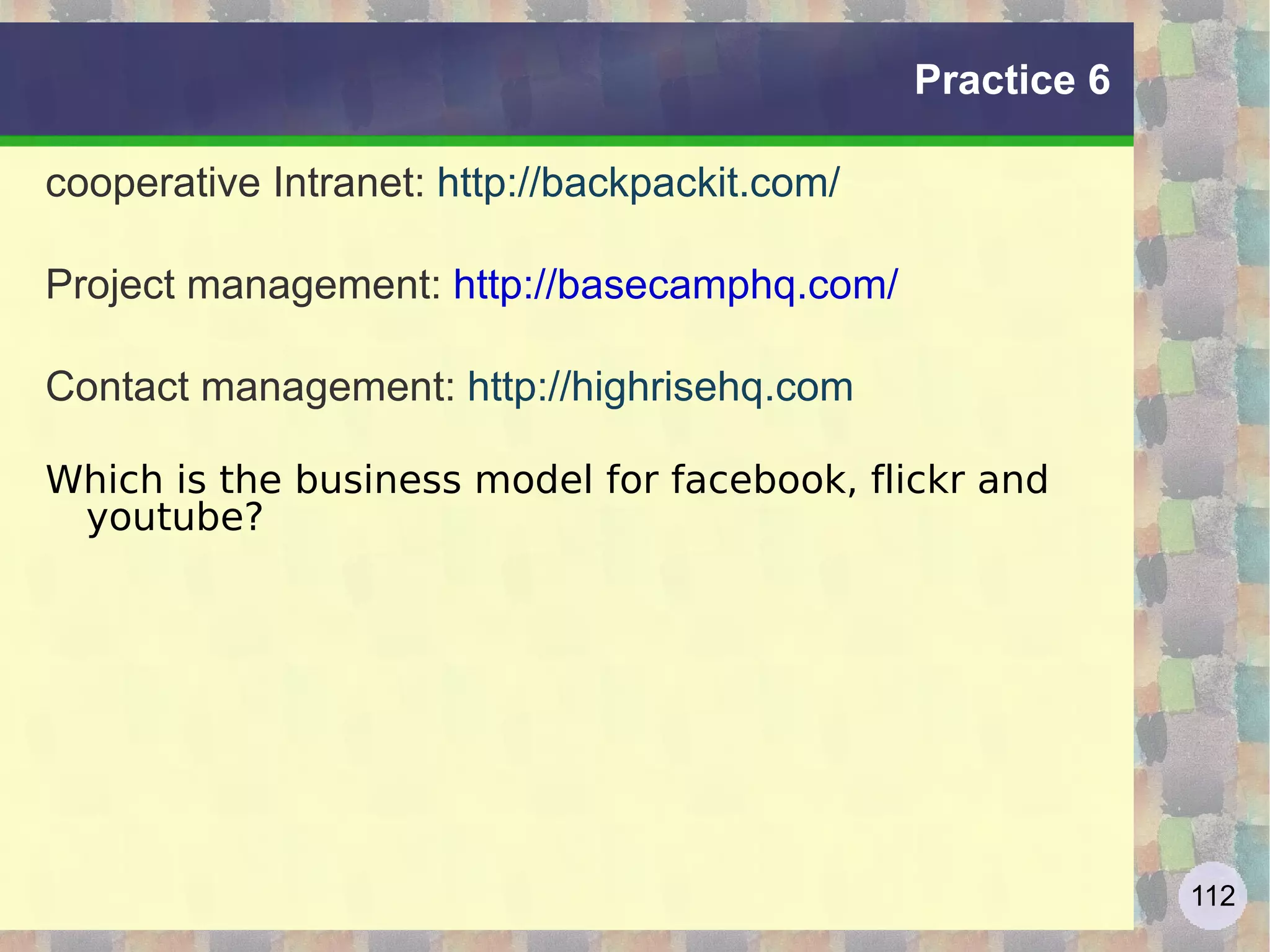 The Long Tail and Culture Evolution We are moving from a mass culture (mainstream) in a massively parallel culture There is an explosion of variety and choice of content, transforming mass culture in millions of micro-culture that coexist and interact ... &quot;Ultraniches ... &quot;Tribes of interest&quot; cultural It's the end of the culture of &quot;water bottle&quot; or &quot;prime-time television, where most of the population listens, reads and looks the same pool of hit and now we go toward the micro-cultures, where everyone is interested in different things Parallel phenomenon in the world of production: just-in-time, customization of the product and the elimination of stocks, but ... we are talking about bits, not atoms! 