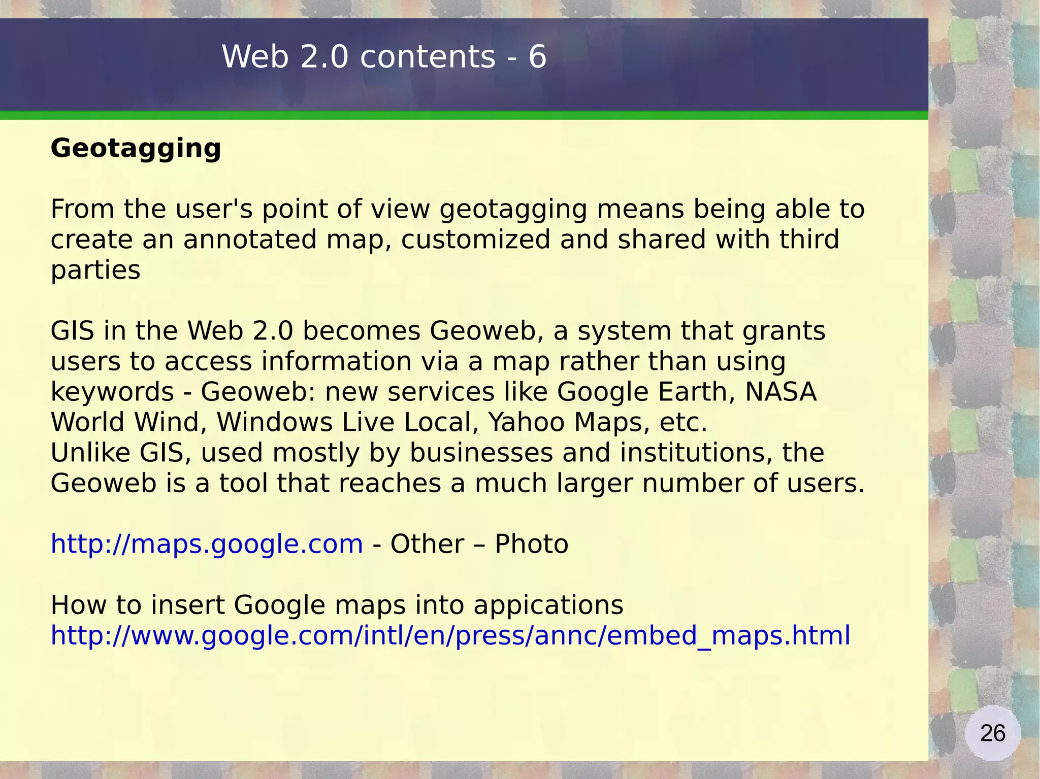 Blog http://it.youtube.com/watch?v=NN2I1pWXjXI  (Blog) Short for  web log  (event log) public diary: website maintained by specialized software (from CMS family), designed for simple publishing of text and multimedia images The units of content ( posts ) are published in temporal sequence Template usage for the User Interface From one to three columns, header, ev. footer In the bottom of each post, signature, date / time, permalink http://en.wikipedia.org/wiki/Blog   