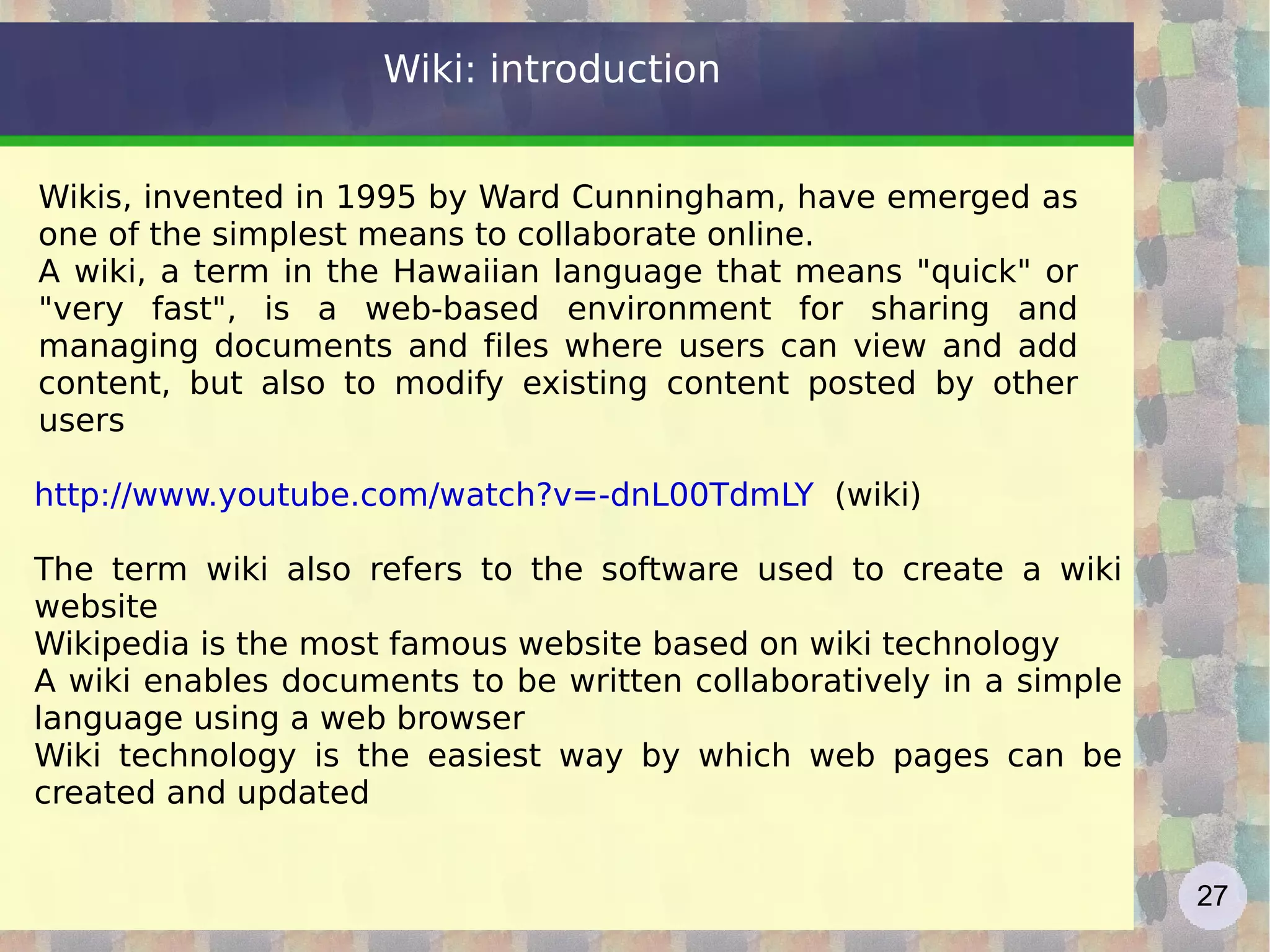 Blogs use RSS feeds (see below) and “tagging” (see below) Installed on your server or on existing website (free / fee) Born in 1997, exploded in 2002, the number today? http://www.technorati.com/blogging/state-of-the-blogosphere/ The most complete survey: who, what, why, how, money  http://www.sifry.com/main/   http://it.blogbabel.com/metrics/   http://vaccaricarlo.wordpress.com   Blog 