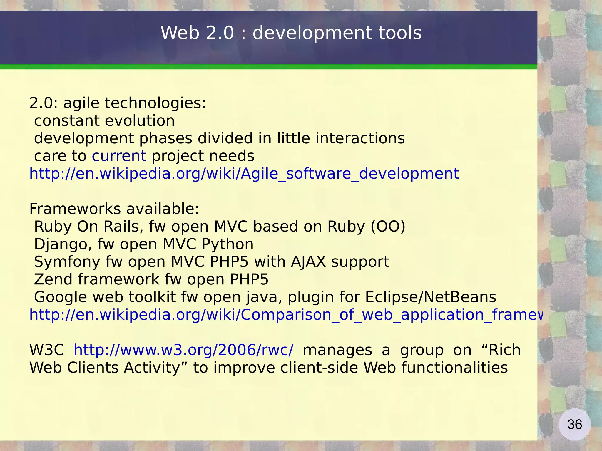 Wiki: introduction Wikis, invented in 1995 by Ward Cunningham, have emerged as one of the simplest means to collaborate online. A wiki, a term in the Hawaiian language that means &quot;quick&quot; or &quot;very fast&quot;, is a web-based environment for sharing and managing documents and files where users can view and add content, but also to modify existing content posted by other users http://www.youtube.com/watch?v=-dnL00TdmLY   (wiki) The term wiki also refers to the software used to create a wiki website  Wikipedia is the most famous website based on wiki technology A wiki enables documents to be written collaboratively in a simple language using a web browser Wiki technology is the easiest way by which web pages can be created and updated 