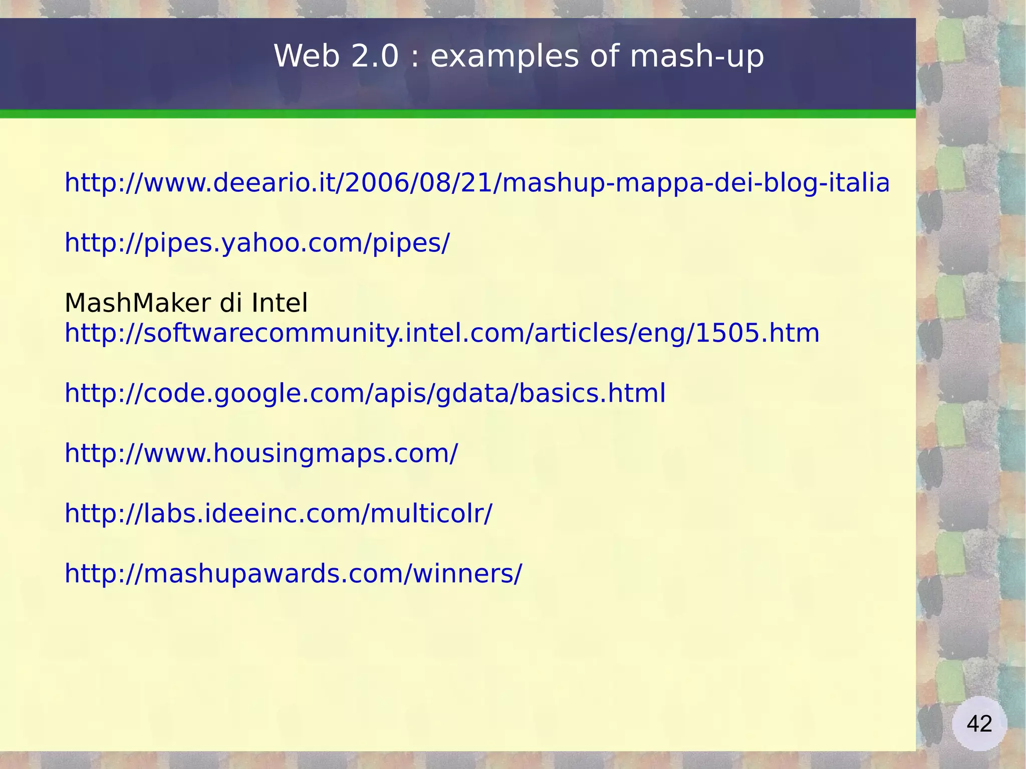Web 2.0 techniques From AJAX: HTML liberation from - Post / Get - asynchronous model (stateless)  http://gmail.com   with the &quot;WIMP&quot; (windows, icons, menus and pointers) GUI, the Web comes close to desktop applications are born and Rich Internet Applications (RIA) Technical tools: AJAX (Asynchronous JavaScript and XML)  ATOM - RSS API integration - interaction MASH-UP: Hybrid - Plugins (XUL!)  