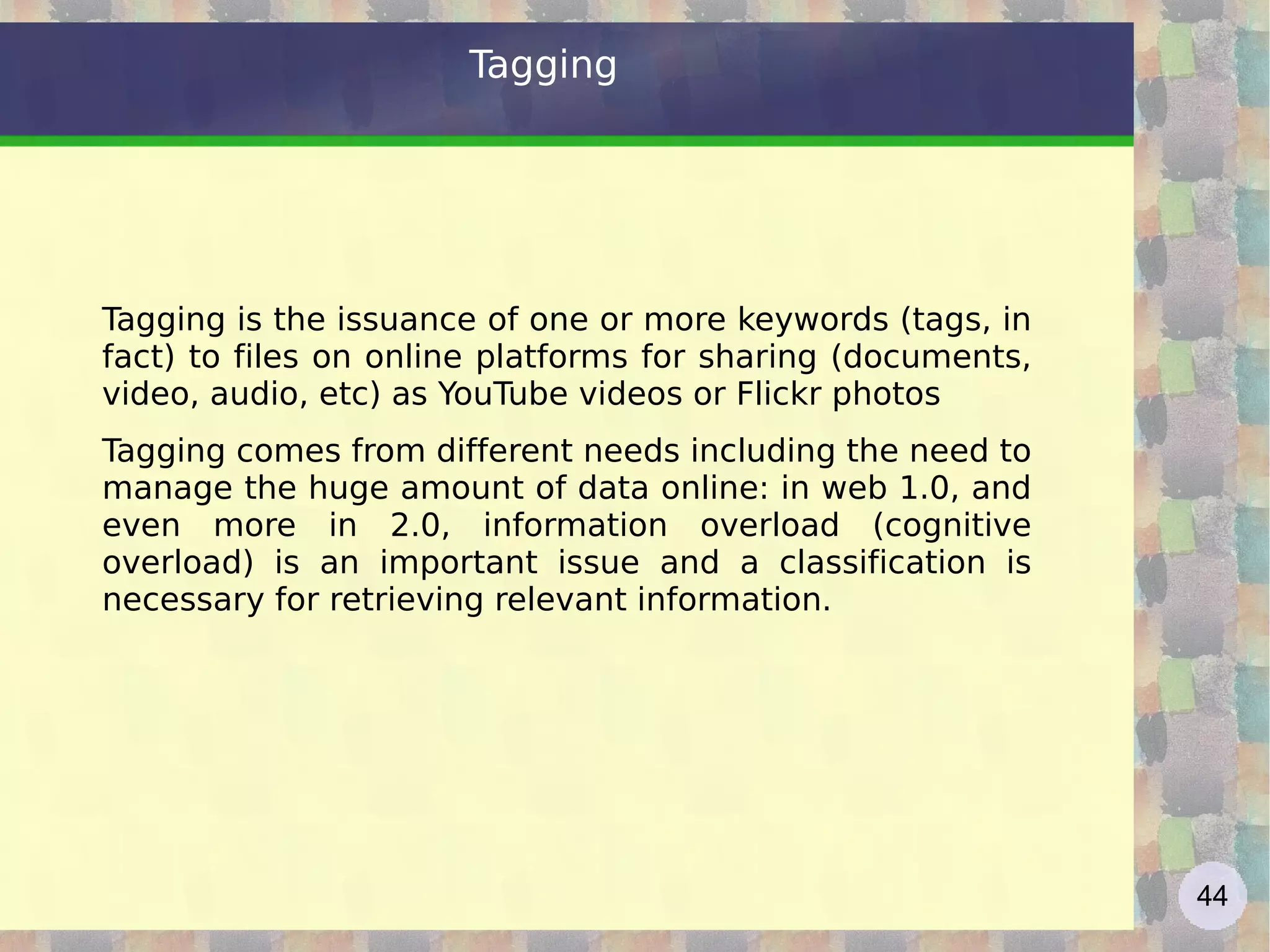 Web 2.0 – AJAX AJAX Components - XHTML and CSS to format the information - DOM objects, manipulated through Javascript, to interact with the information presented - The XMLHttpRequest object to exchange data asynchronously with the server - XML as a format for exchanging data between servers and clients First use of the term: http://www.adaptivepath.com/ideas/essays/archives/000385.php   (see schema) http://en.wikipedia.org/wiki/Ajax_%28programming%29   http://gmail.com : first  AJAX appearance ... (see source) In deep:  http://www.w3schools.com/Ajax/Default.Asp   http://www.onajax.com/   