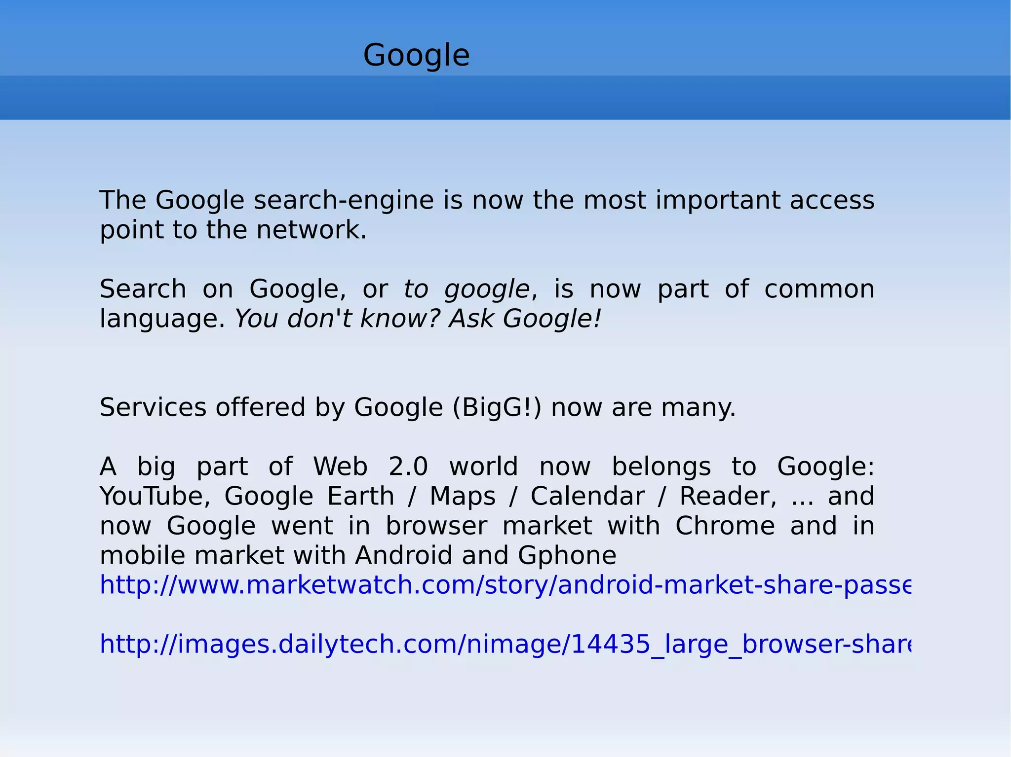 Web 2.0 : mash-up Meaning:  mash  = mixture, medley to mash  = to crush, to squeeze  (term used even in music) Web application that integrates dynamic content or services from multiple sources (eg RSS or via API) to create a new service  http://en.wikipedia.org/wiki/Mashup_(web_application_hybrid) a good presentation:  http://www.slideshare.net/valicac/mashups-87355#slideshow_stats 