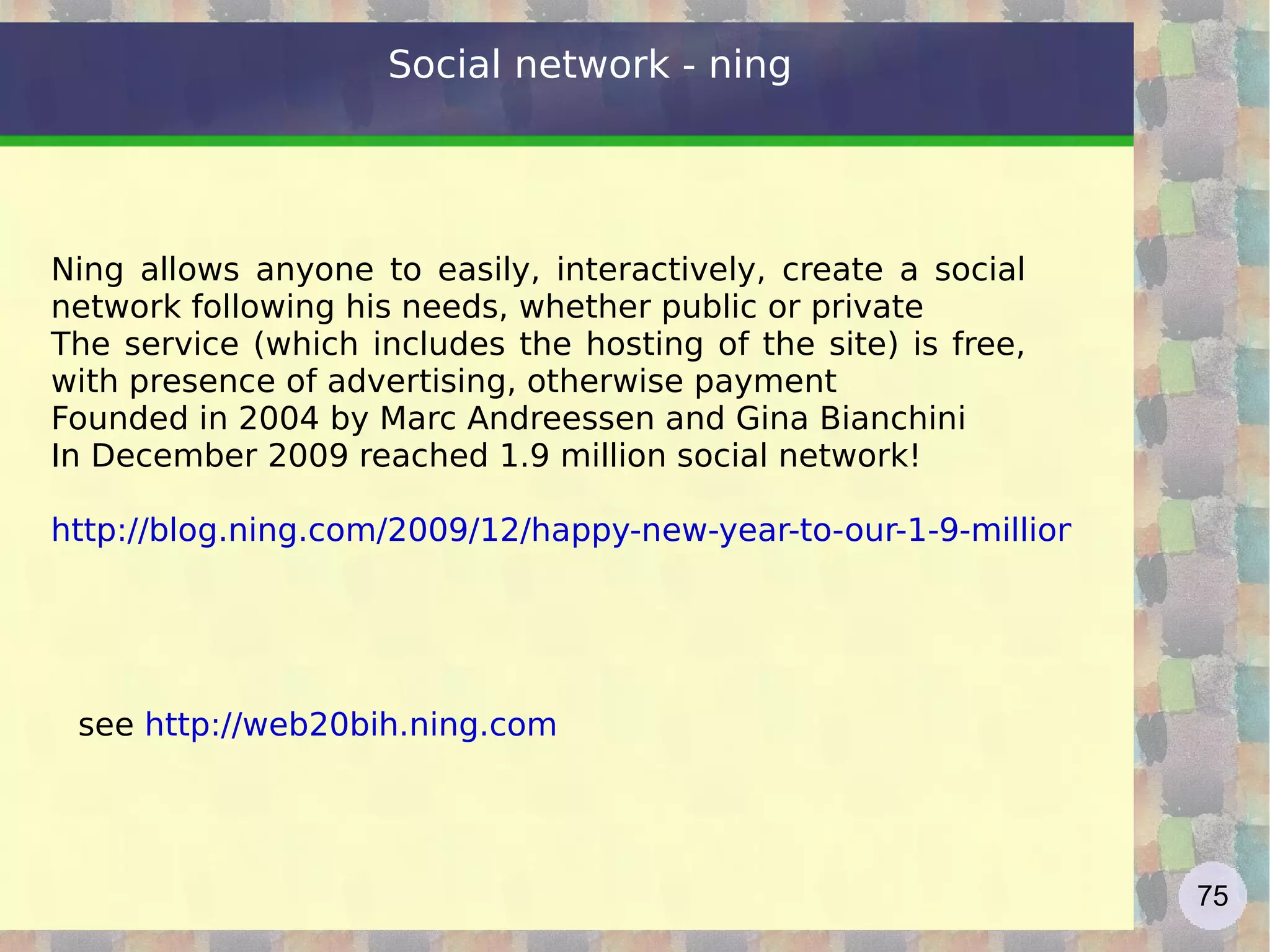 Google: l'algoritmo PageRank in detail (from  www.google.com/corporate/tech.html  ) PageRank  reflects our view of the importance of web pages by considering more than 500 million variables and 2 billion terms. Pages that we believe are important pages receive a higher PageRank and are more likely to appear at the top of the search results. PageRank also considers the importance of each page that casts a vote, as votes from some pages are considered to have greater value, thus giving the linked page greater value. We have always taken a pragmatic approach to help improve search quality and create useful products, and our technology uses the collective intelligence of the web to determine a page's importance. 