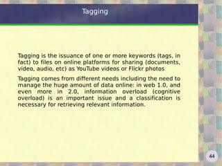 Web 2.0 – AJAX AJAX Components - XHTML and CSS to format the information - DOM objects, manipulated through Javascript, to interact with the information presented - The XMLHttpRequest object to exchange data asynchronously with the server - XML as a format for exchanging data between servers and clients First use of the term: http://www.adaptivepath.com/ideas/essays/archives/000385.php   (see schema) http://en.wikipedia.org/wiki/Ajax_%28programming%29   http://gmail.com : first  AJAX appearance ... (see source) In deep:  http://www.w3schools.com/Ajax/Default.Asp   http://www.onajax.com/   