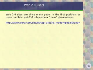 Google: the algorithm The secret of Google success is in the algorithm, obviously covered by secret, even if the network are its most important features. A SEO expert has developed the “Randfish theorem" http://www.seomoz.org/ (Keywords used * 0.3) + (Domain revelance * 0.25) + (Links in input * 0.25) + (User data * 0.1) + (Content Quality * 0.1) + (Manual push) - (Penalty automatic & manual) = PunteggioGoogle 