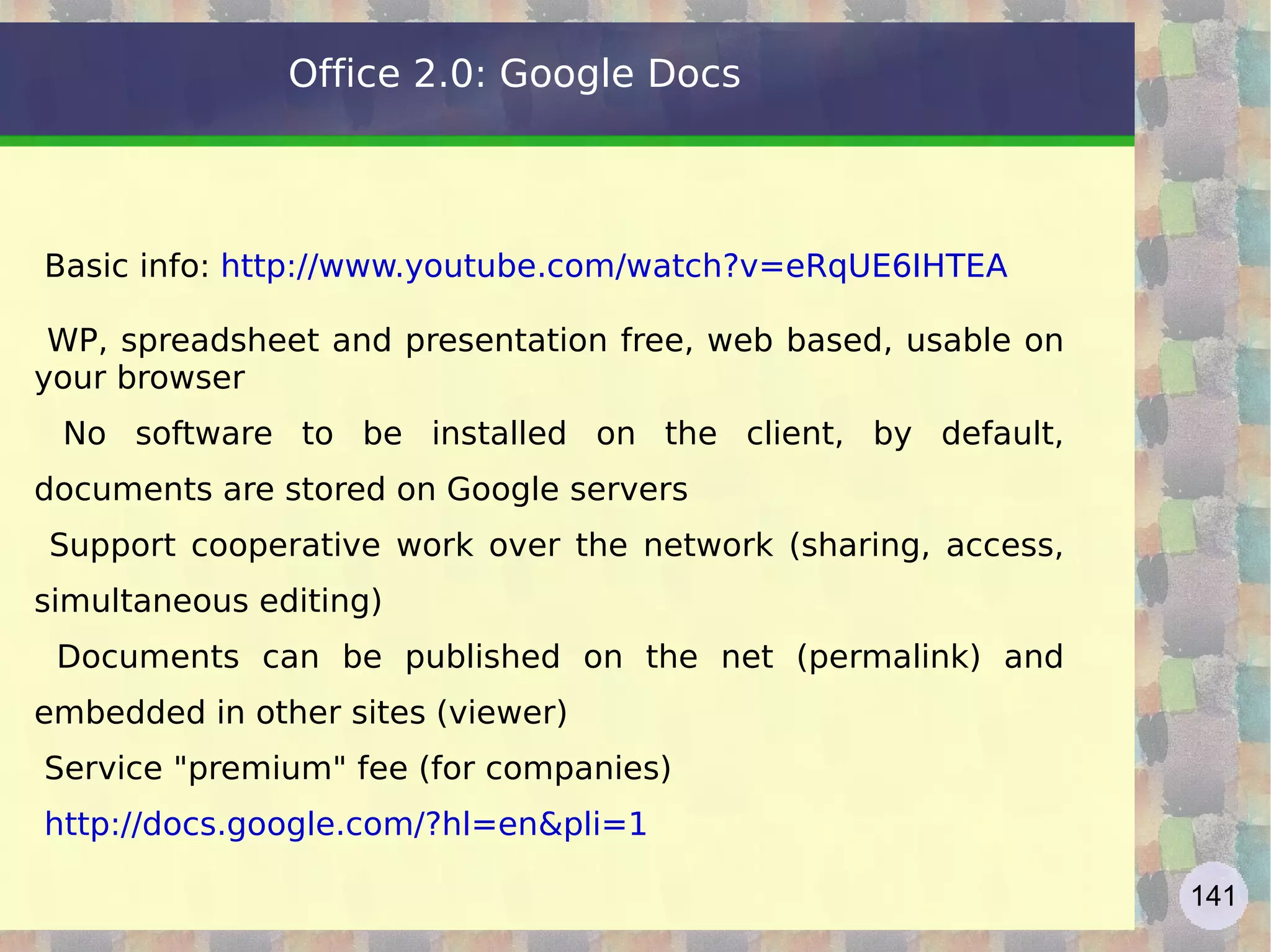 Web 2.0 – AJAX AJAX Components - XHTML and CSS to format the information - DOM objects, manipulated through Javascript, to interact with the information presented - The XMLHttpRequest object to exchange data asynchronously with the server - XML as a format for exchanging data between servers and clients First use of the term: http://www.adaptivepath.com/ideas/essays/archives/000385.php   (see schema) http://en.wikipedia.org/wiki/Ajax_%28programming%29   http://gmail.com : first  AJAX appearance ... (see source) In deep:  http://www.w3schools.com/Ajax/Default.Asp   http://www.xul.fr/en-xml-ajax.html   