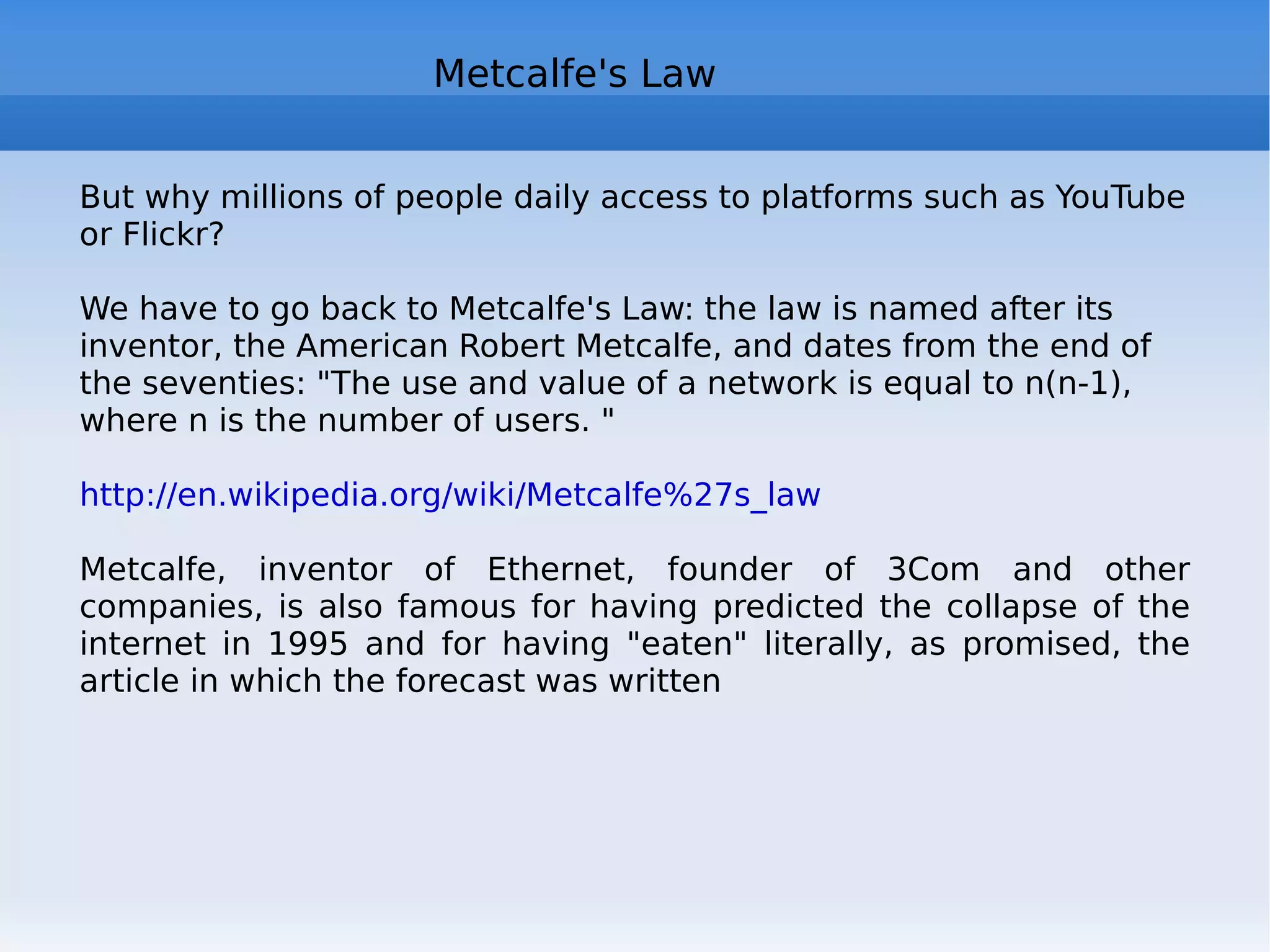 Web 2.0 : mash-up Meaning:  mash  = mixture, medley   to mash  = to crush, to squeeze  (term used even in music) Web application that integrates dynamic content or services from multiple sources (eg RSS or via API) to create a new service http://en.wikipedia.org/wiki/Mashup_(web_application_hybrid) (why portal |= mashup) a good presentation:   http://www.slideshare.net/valicac/mashups-87355#slideshow_stats (choose the bes t) 