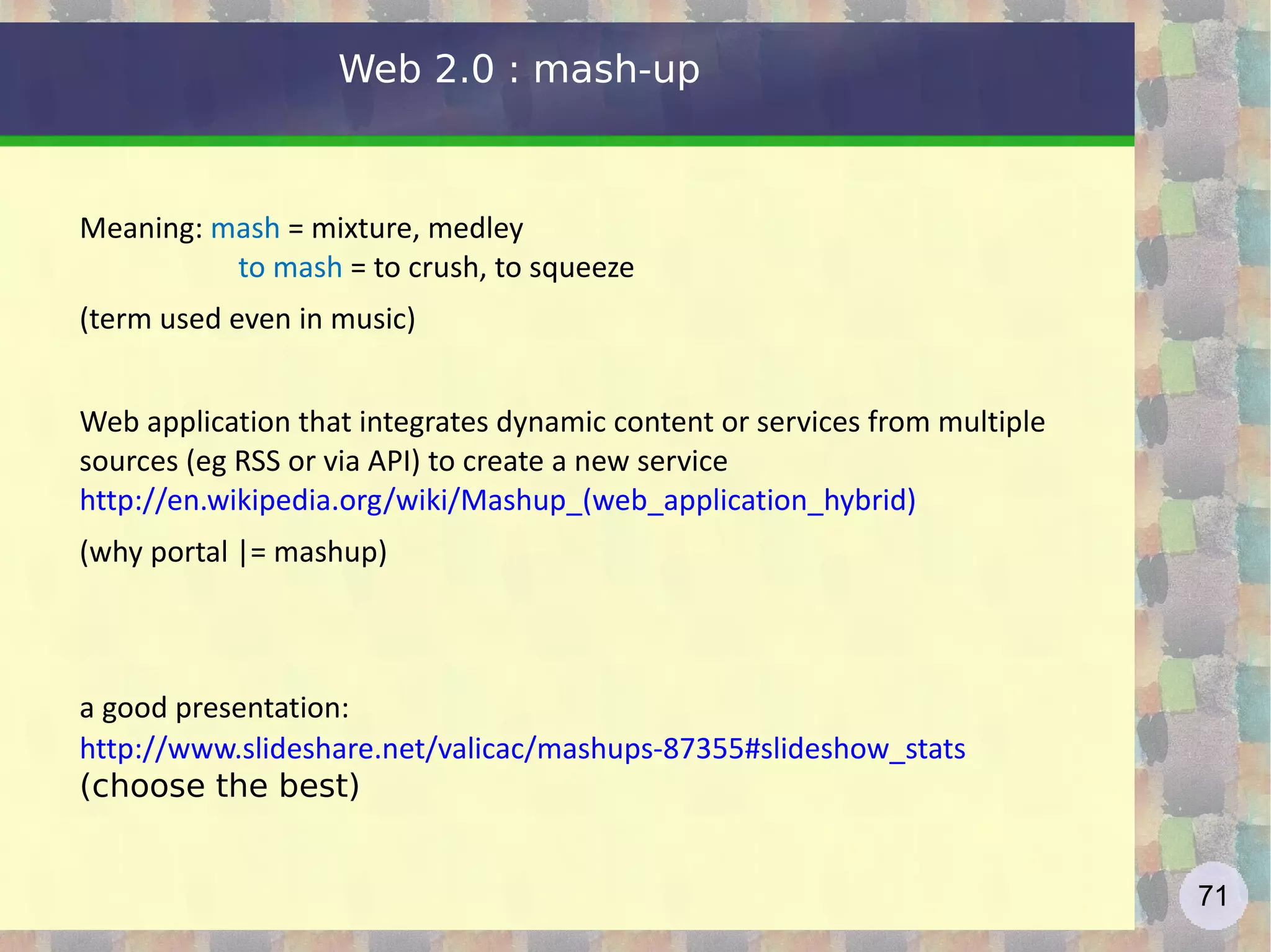 Web 2.0 definition From  http://en.wikipedia.org/wiki/Web_2.0  :  “ Web 2.0 describes the changing trends in the use of World Wide Web technology and web design that aim to enhance  creativity , secure information sharing,  collaboration  and functionality of the web. Web 2.0 concepts have led to the development and evolution of web-based communities and hosted services, such as social-network sites, video sharing sites, wikis, blogs, and folksonomies.” Pronounce?? 2 - point|dot – O|0 http://www.zdnet.com/blog/saas/20-pronounced-two-point-oh/290   