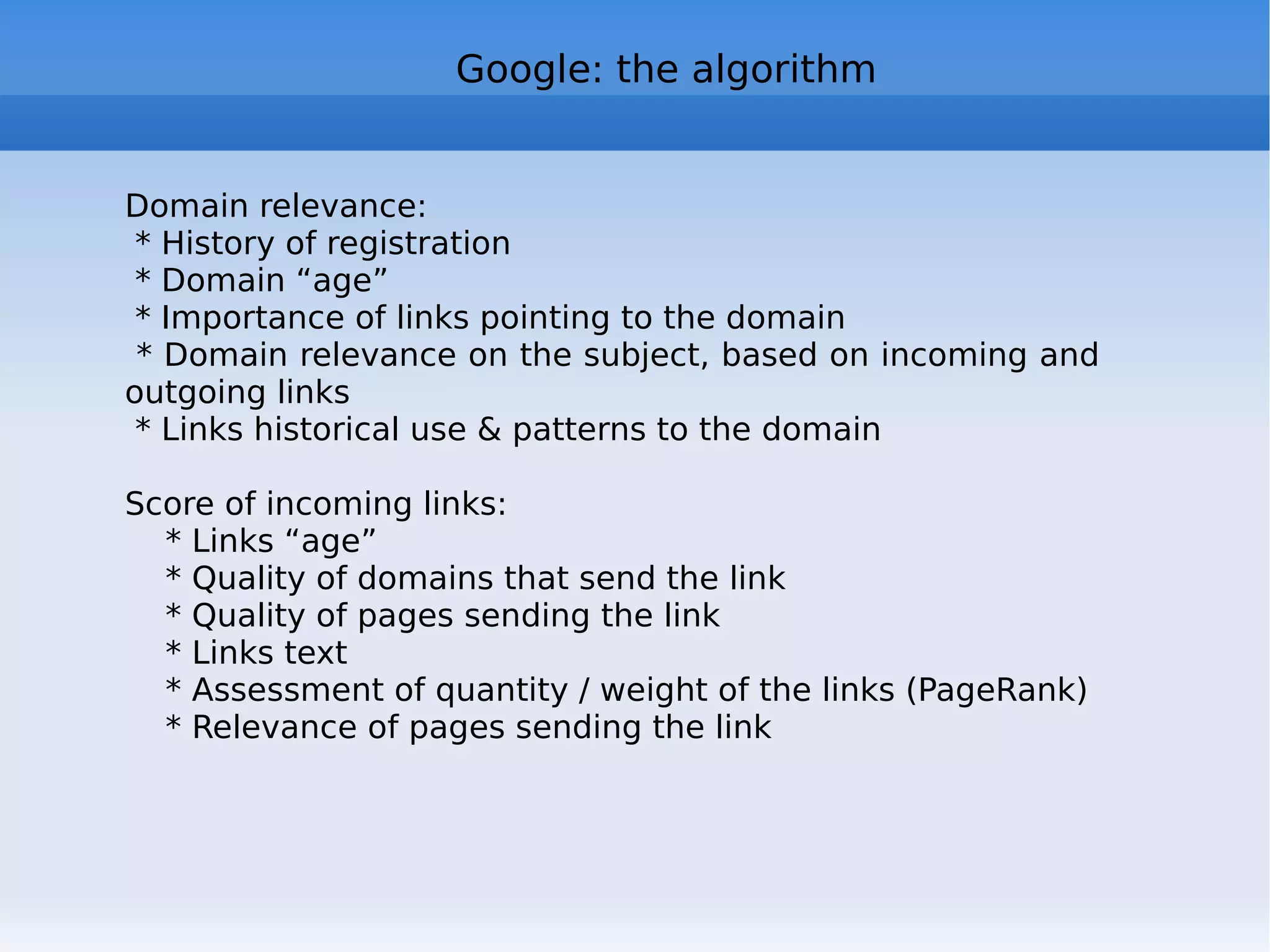 Web 2.0 examples Google  Page Rank , based on &quot;opinions&quot; (links) of other sites Wikipedia  encyclopedia with entries determined and constructed by users Ebay , where each seller and buyer has a public reputation given by other users depending on his behavior Google Maps  where users use standardized data in creative ways, giving rise to new services Blog , where participation replaces communication Social networks  (Flickr, Myspace, Facebook) that collect and organize content provided by users Most used 2.0 sites: http://movers20.esnips.com/TableStatAction.ns?reportId=100   
