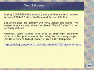 Wikipedia: introduction Wikipedia is one of the major Web 2.0 sites Wikipedia was created in 2001 with the goal of an encyclopedia free and reliable. Jimmy Wales, founder of the project, spoke of "an effort to create and distribute a free encyclopedia of the highest possible quality to every single person on the planet in their own language." The result went beyond all expectations: Wikipedia, with over 18 million entries and 20 million registered users, is the largest collection of human knowledge. Wikipedia exists in over 270 different languages and receives over 60 million hits per day http://en.wikipedia.org/wiki/Wikipedia   