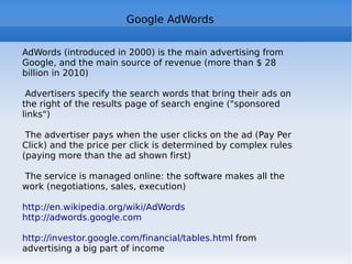 Twitter Started in 2006 Growth: TPD (tweets per day) 2007 – 40k 2008 – 1M 2010 – 65M TPS tweets per second record 6939 1.1.2011 (Japan time 00:01) sport record: Super Bowl 2011 4064 TPS http://blog.twitter.com/2011/01/celebrating-new-year-with-new-tweet.html   RT - retweet DM - direct message @user - to mention or reply to user # - hashtag also for “micro-meme” URL shortening to fit in 140 bytes used in “twitter revolutions” Egypt 2011, Tunisia 2010-2011, Iran 2009 