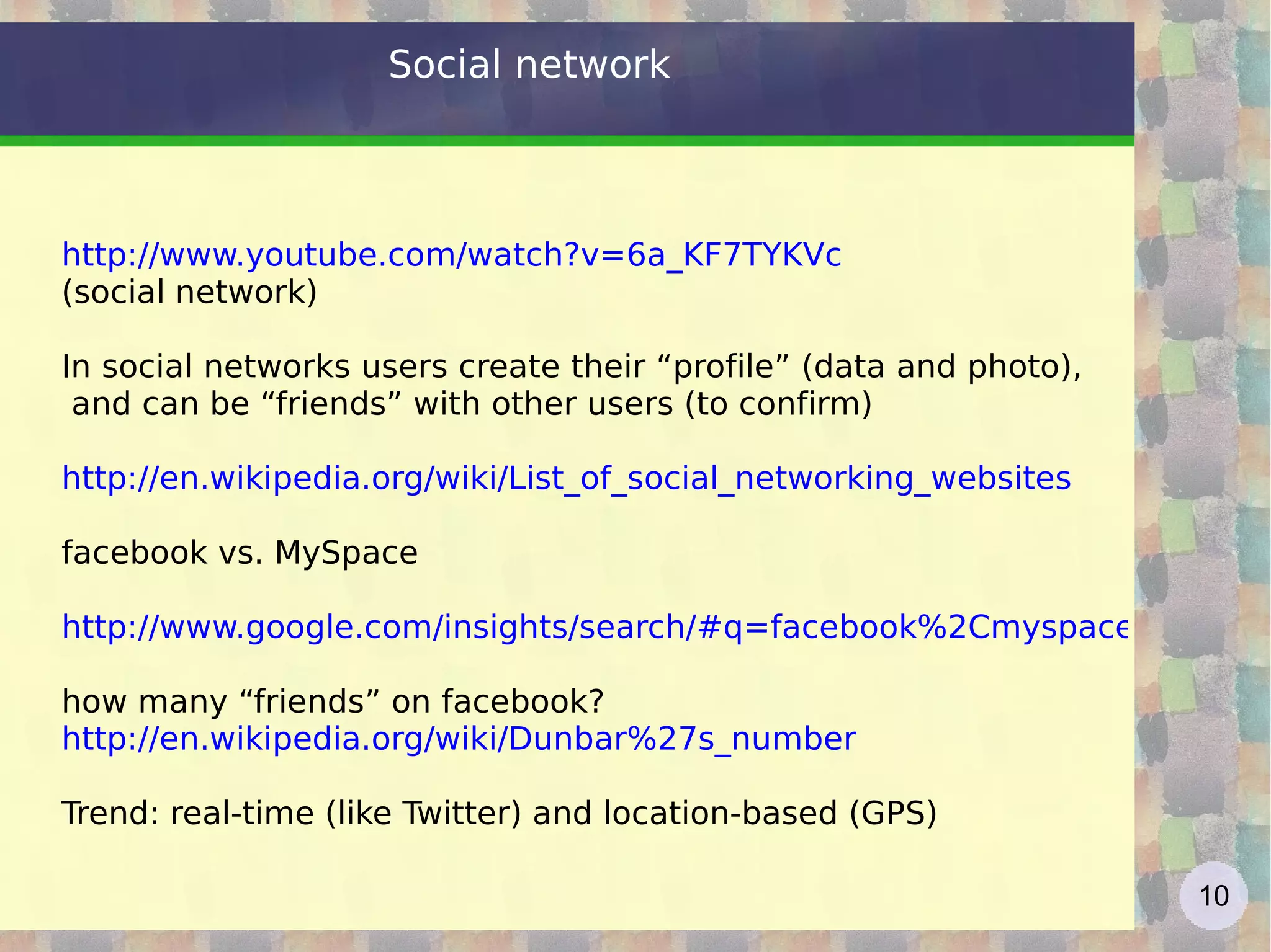 Web 2.0 users Web 2.0 sites are since many years in the first positions as users number: web 2.0 became a “mass” phenomenon  http://www.alexa.com/site/ds/top_sites?ts_mode=global&lang=none some funny number http://thefuturebuzz.com/2009/01/12/social-media-web-20-internet-numbers-stats/ Other numbers http://www.kaplaneduneering.com/kappnotes/index.php/2010/04/more-random-web-20-statistics/   O'Reilly reflection: Internet Operating System http://www.slideshare.net/timoreilly/state-of-the-internet-operating-system-web2-expo10   