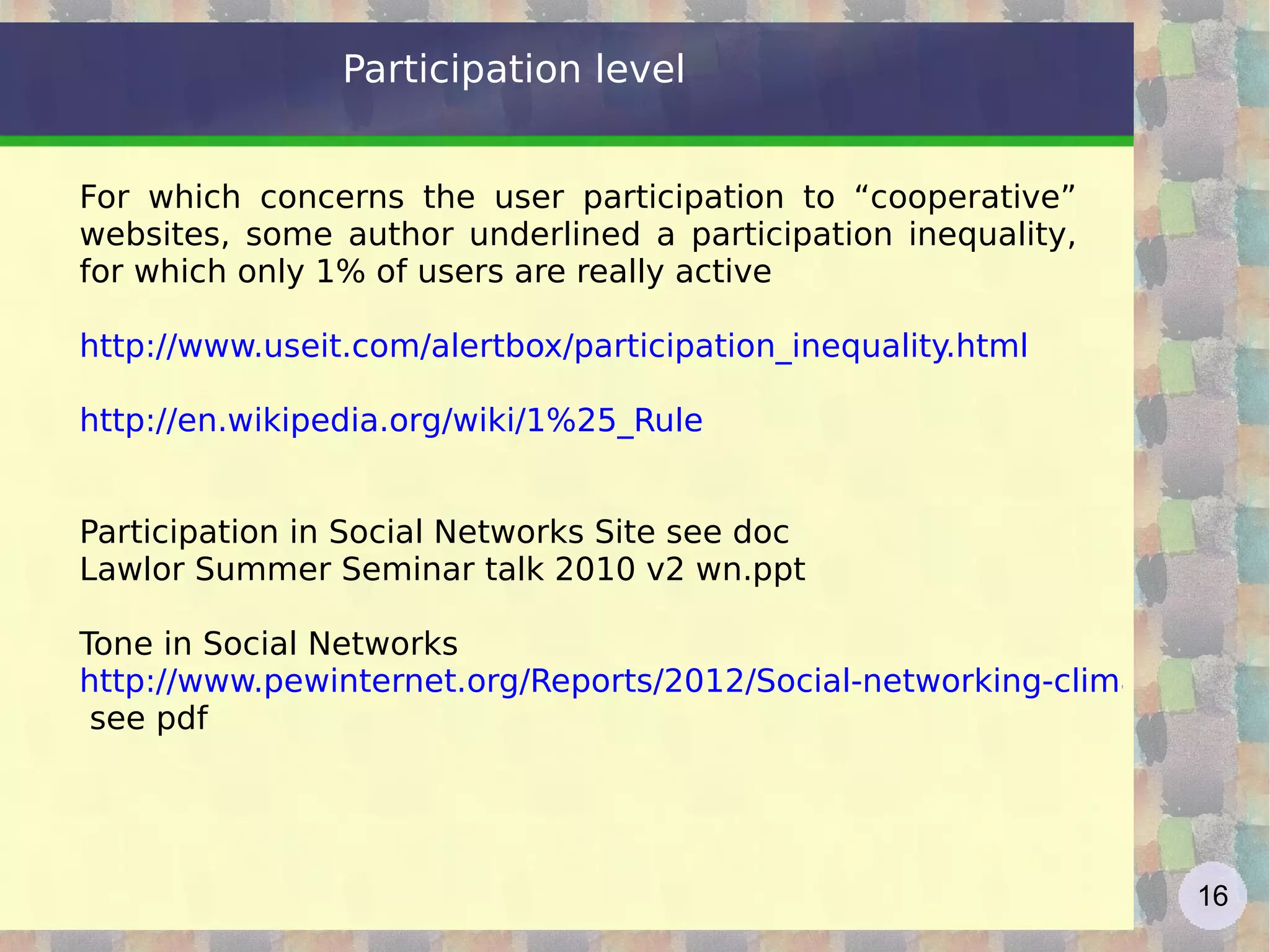 Networks, Nodes, Hubs ... Topology In sociology Milgram studied the "degrees of separation”, the distance that exists between two points of a network based on their indirect links: between two distant strangers, between two web pages on the Internet or between two molecules of a cell http://en.wikipedia.org/wiki/Six_degrees_of_separation Milgram experiment in 1967 to understand the "distance" between U.S. citizens: selected citizens of Wichita and Omaha (see) must send a letter to two citizens of Boston putting it into the hands of “known” people ... an average of 5.5 steps (although many went missing). Barabasi, "how big is the Web? and how many degrees of separation? ". An experiment in 1998 estimated the "diameter" of the Web to around 19. 