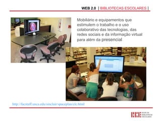 http://facstaff.unca.edu/sinclair/spaceplan/clc.html   WEB 2.0   |  BIBLIOTECAS ESCOLARES  | Mobiliário e equipamentos que estimulem o trabalho e o uso colaborativo das tecnologias, das redes sociais e da informação virtual para além da  presencial 