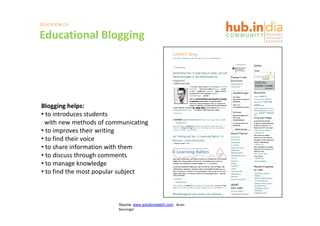 EDUCATION 2.0

Educational Blogging
Educational Blogging




Blogging helps:
• to introd ces st dents
  to introduces students 
 with new methods of communicating
• to improves their writing
• to find their voice
  to find their voice
• to share information with them
• to discuss through comments
• to manage knowledge
  to manage knowledge
• to find the most popular subject



                        Source: www.solutionwatch.com . Brian 
                        Benzinger
 
