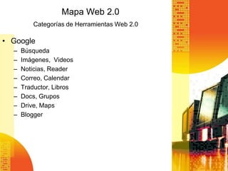 Mapa Web 2.0
          Categorías de Herramientas Web 2.0

• Google
  –   Búsqueda
  –   Imágenes, Videos
  –   Noticias, Reader
  –   Correo, Calendar
  –   Traductor, Libros
  –   Docs, Grupos
  –   Drive, Maps
  –   Blogger
 