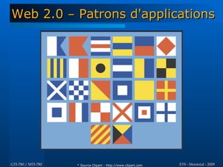 Web 2.0 – Patrons d'applications




GTI-780 / MTI-780   * Source Clipart : http://www.clipart.com   ETS - Montréal - 2009
 