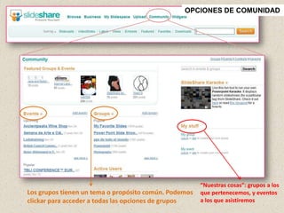 OPCIONES DE COMUNIDAD




                                                       “Nuestras cosas”: grupos a los
Los grupos tienen un tema o propósito común. Podemos   que pertenecemos, y eventos
clickar para acceder a todas las opciones de grupos    a los que asistiremos
 