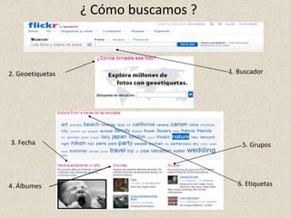 ¿ Cómo buscamos ?



2. Geoetiquetas                       1. Buscador




3. Fecha                                  5. Grupos




4. Álbumes                              6. Etiquetas
 