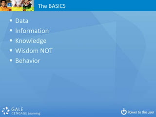 The BASICS

   Data
   Information
   Knowledge
   Wisdom NOT
   Behavior
 