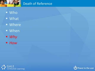 Death of Reference

   Who
   What
   Where
   When
   Why
   How
 