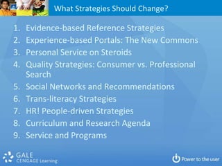 What Strategies Should Change?

1.   Evidence-based Reference Strategies
2.   Experience-based Portals: The New Commons
3.   Personal Service on Steroids
4.   Quality Strategies: Consumer vs. Professional
     Search
5.   Social Networks and Recommendations
6.   Trans-literacy Strategies
7.   HR! People-driven Strategies
8.   Curriculum and Research Agenda
9.   Service and Programs
 