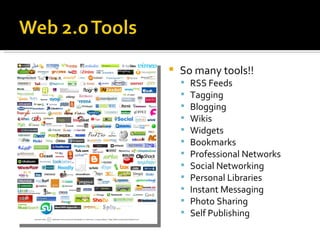So many tools!! RSS Feeds Tagging Blogging Wikis Widgets Bookmarks Professional Networks Social Networking Personal Libraries Instant Messaging Photo Sharing Self Publishing 