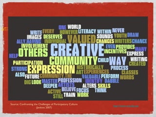 http://www.wordle.net Source: Confronting the Challenges of Participatory Culture (Jenkins 2007) 