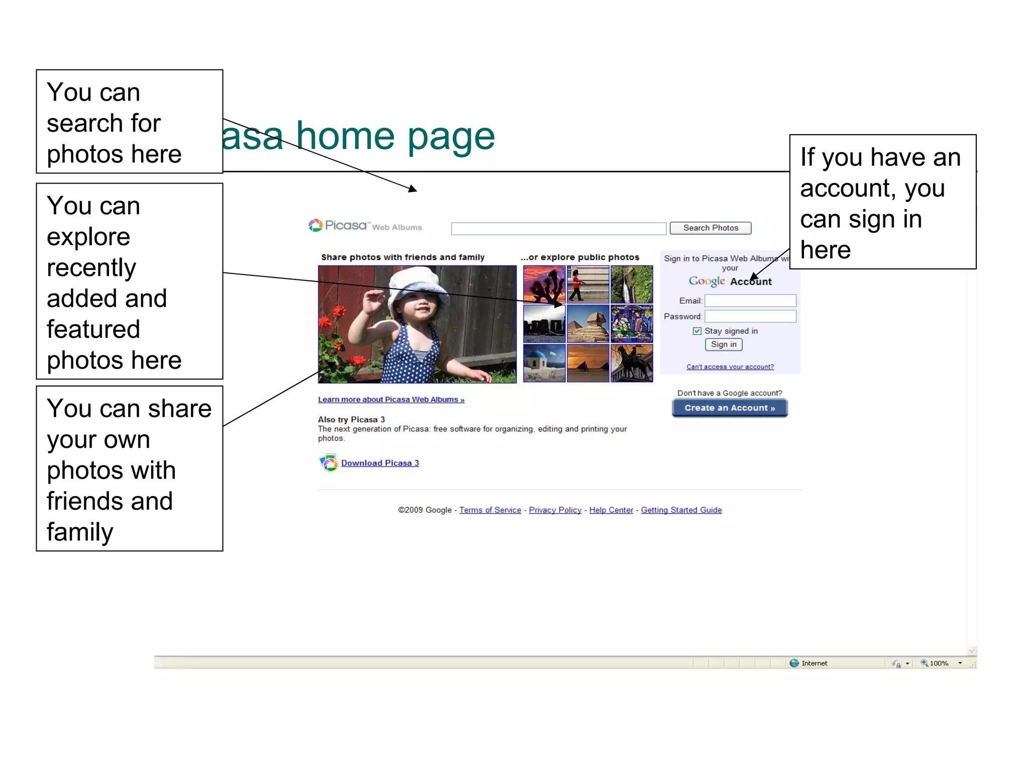 Picasa home page If you have an account, you can sign in here You can share your own photos with friends and family You can search for photos here You can explore recently added and featured photos here 