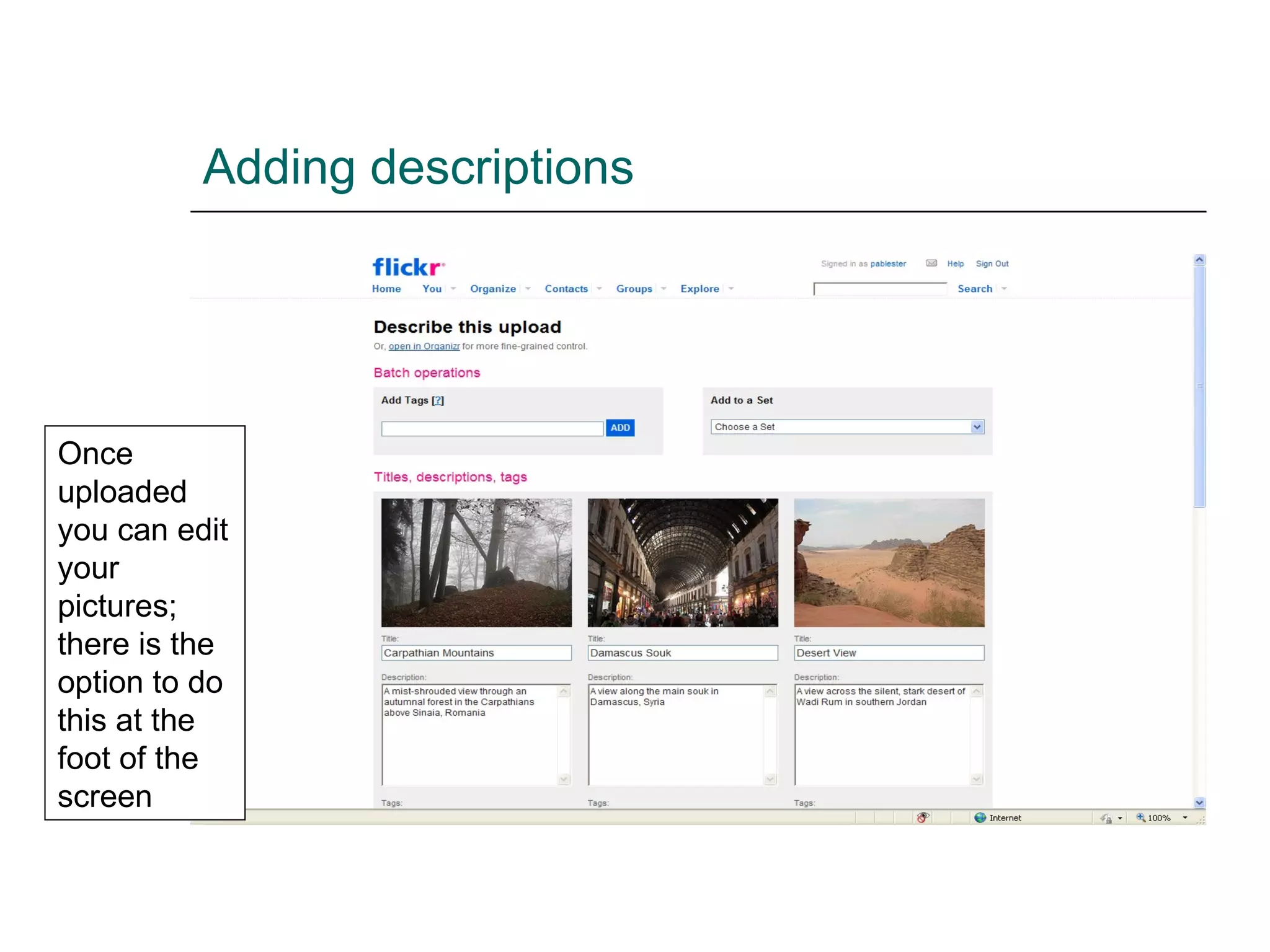 Adding descriptions Once uploaded you can edit your pictures; there is the option to do this at the foot of the screen 
