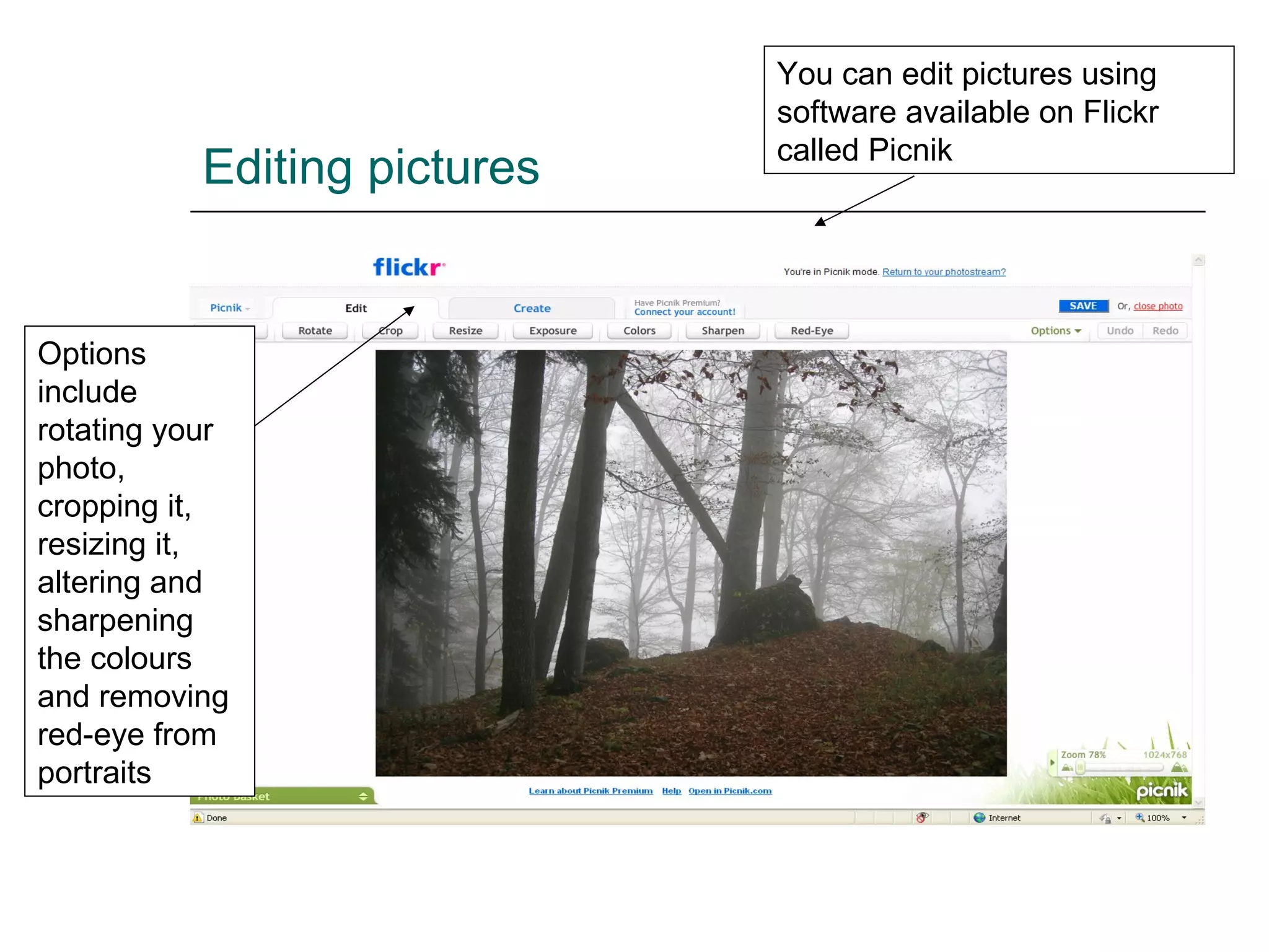 Editing pictures You can edit pictures using software available on Flickr called Picnik Options include rotating your photo, cropping it, resizing it, altering and sharpening the colours and removing red-eye from portraits 