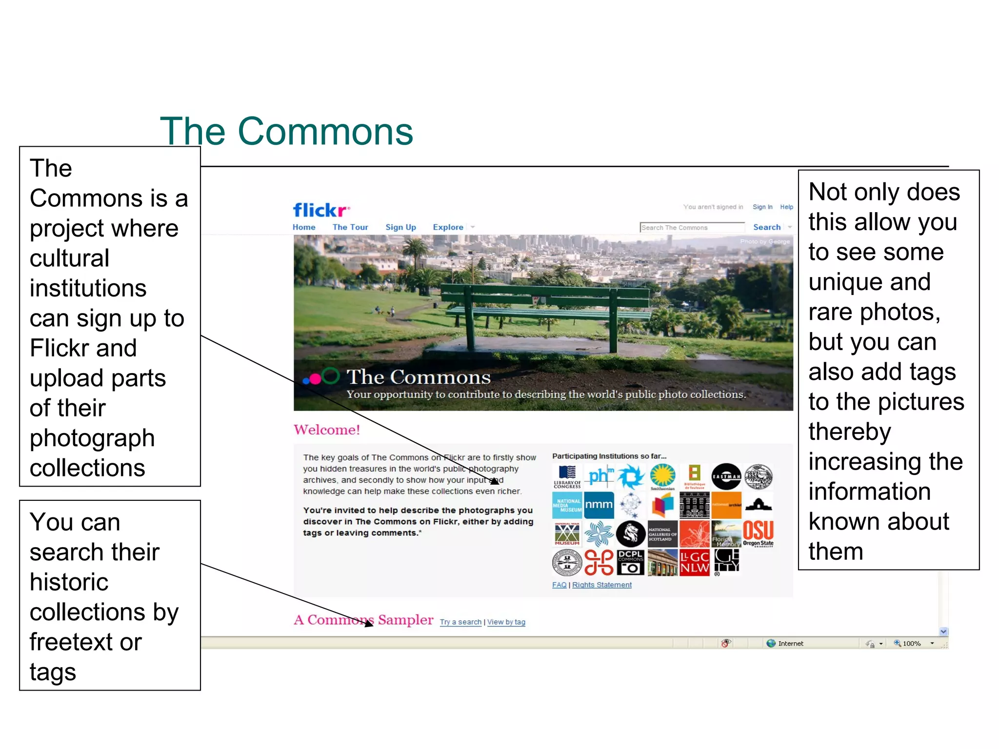 The Commons The Commons is a project where cultural institutions can sign up to Flickr and upload parts of their photograph collections You can search their historic collections by freetext or tags Not only does this allow you to see some unique and rare photos, but you can also add tags to the pictures thereby increasing the information known about them 