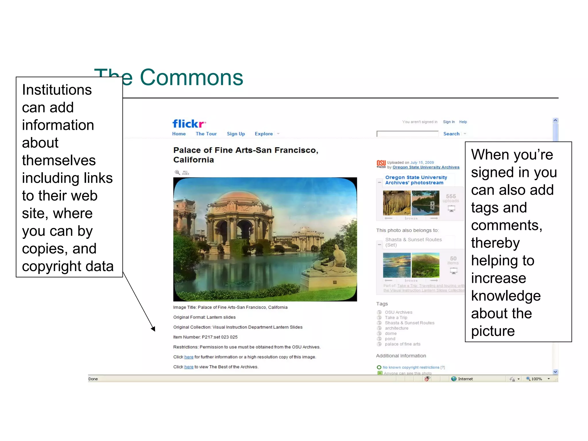 The Commons Institutions can add information about themselves including links to their web site, where you can by copies, and copyright data When you’re signed in you can also add tags and comments, thereby helping to increase knowledge about the picture 