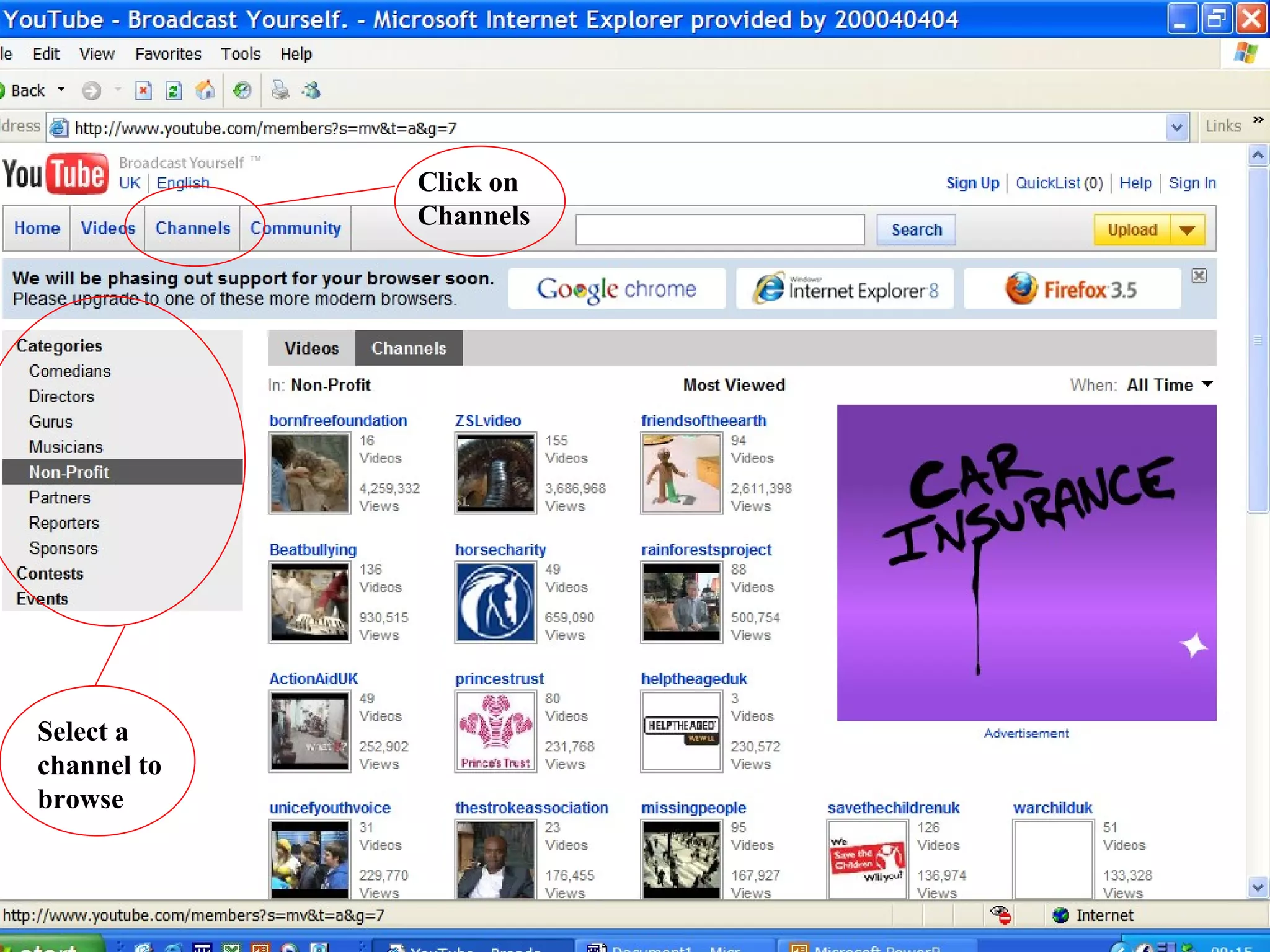Click on Channels Select a channel to browse 