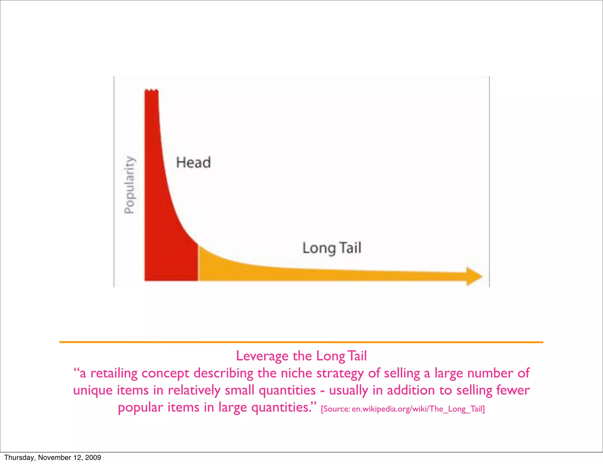 Leverage the Long Tail
                   “a retailing concept describing the niche strategy of selling a large number of
                   unique items in relatively small quantities - usually in addition to selling fewer
                           popular items in large quantities.” [Source: en.wikipedia.org/wiki/The_Long_Tail]


Thursday, November 12, 2009
 