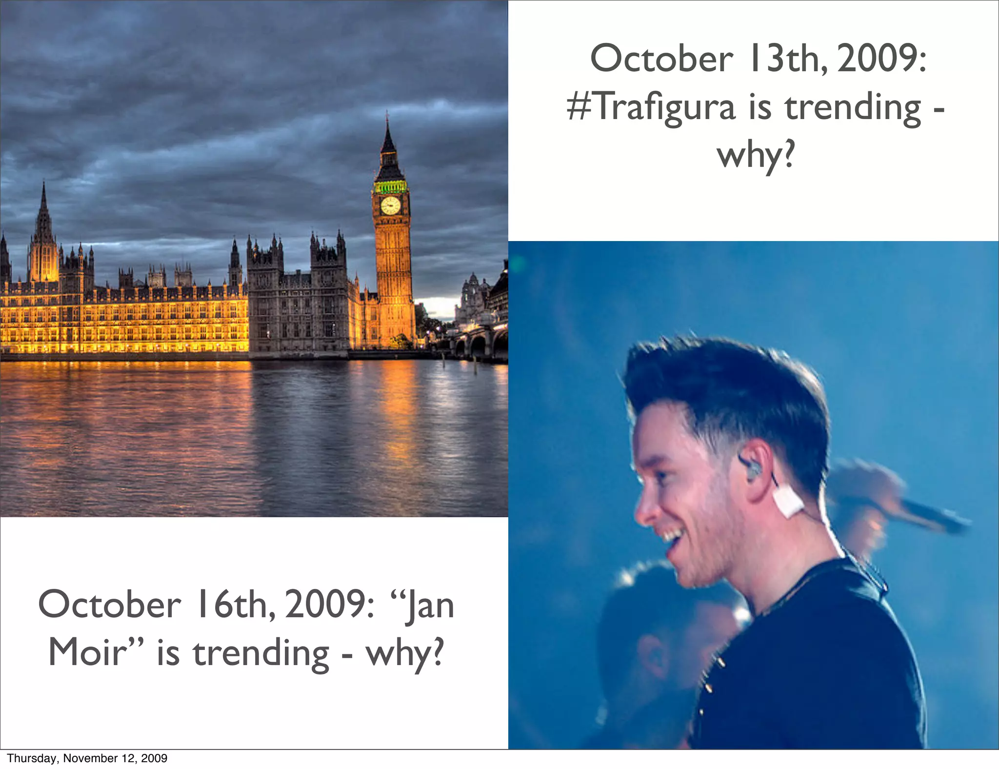 October 13th, 2009:
                                #Traﬁgura is trending -
                                        why?




     October 16th, 2009: “Jan
     Moir” is trending - why?

Thursday, November 12, 2009
 
