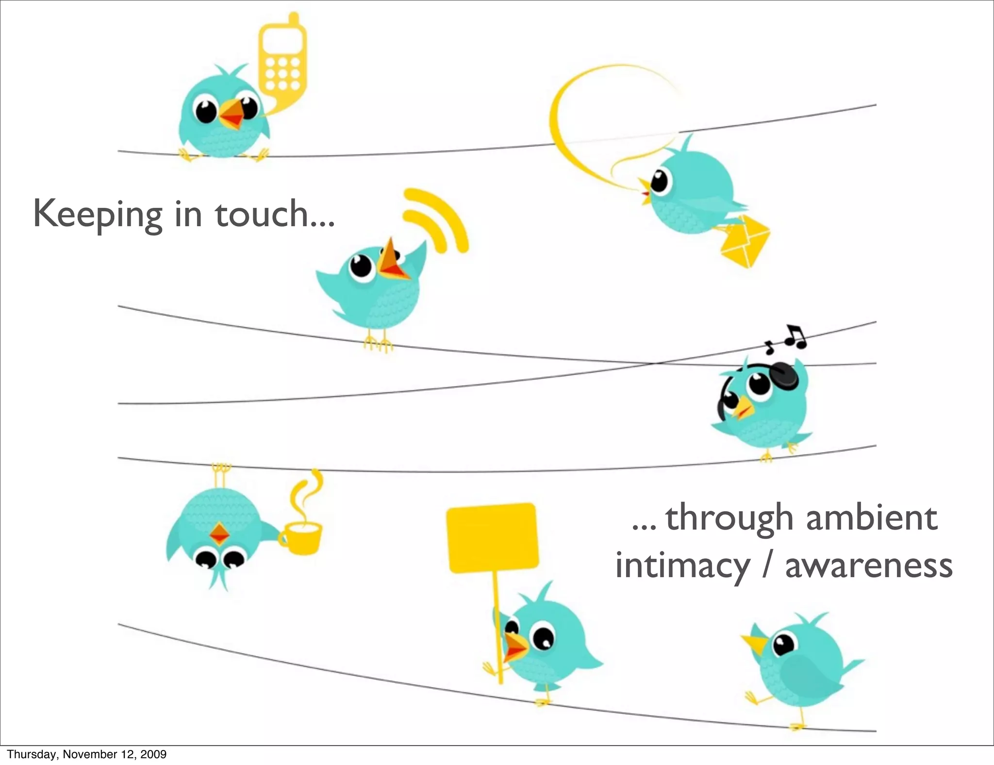 Keeping in touch...




                               ... through ambient
                              intimacy / awareness



Thursday, November 12, 2009
 