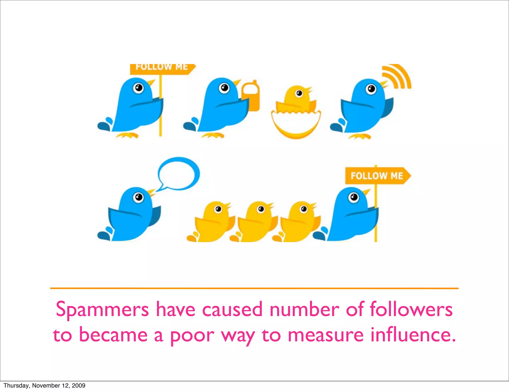 Spammers have caused number of followers
                to became a poor way to measure inﬂuence.

Thursday, November 12, 2009
 
