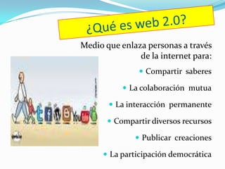 ¿Qué es web 2.0?Medio que enlaza personas a través de la internet para:Compartir saberesLa colaboración mutuaLa interacción permanenteCompartir diversos recursosPublicar creacionesLa participación democrática