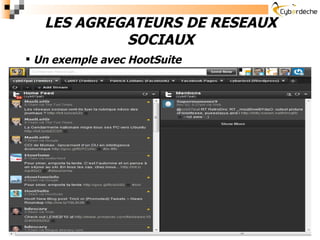 <ul><li>LES AGREGATEURS DE RESEAUX SOCIAUX </li></ul><ul><ul><li>Un exemple avec HootSuite </li></ul></ul>