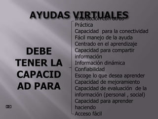 Interacción con otros
           Práctica
           Capacidad para la conectividad
           Fácil manejo de la ayuda
           Centrado en el aprendizaje
  DEBE     Capacidad para compartir
           información
TENER LA   Información dinámica
           Confiabilidad
CAPACID    Escoge lo que desea aprender
           Capacidad de mejoramiento
AD PARA    Capacidad de evaluación de la
           información (personal , social)
           Capacidad para aprender
           haciendo
           Acceso fácil
 