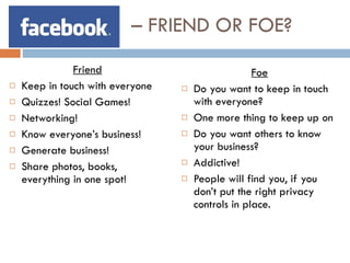 –  FRIEND OR FOE? Friend Keep in touch with everyone Quizzes! Social Games!  Networking! Know everyone’s business! Generate business! Share photos, books, everything in one spot!  Foe Do you want to keep in touch with everyone?  One more thing to keep up on Do you want others to know your business?  Addictive! People will find you, if you don’t put the right privacy controls in place.  