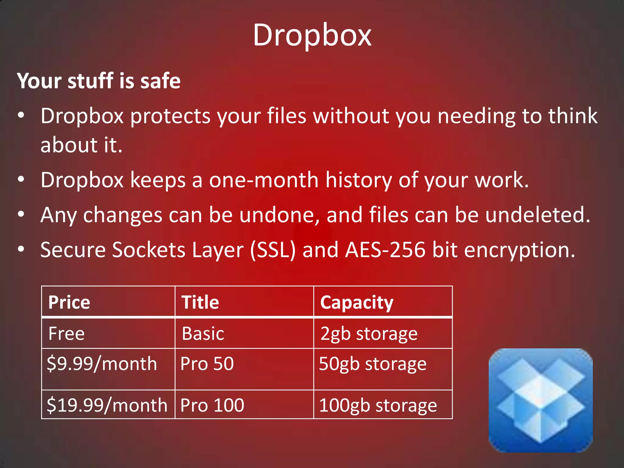 Dropbox
Your stuff is safe
• Dropbox protects your files without you needing to think
  about it.
• Dropbox keeps a one-month history of your work.
• Any changes can be undone, and files can be undeleted.
• Secure Sockets Layer (SSL) and AES-256 bit encryption.

  Price         Title         Capacity
  Free          Basic         2gb storage
  $9.99/month   Pro 50        50gb storage
  $19.99/month Pro 100        100gb storage
 