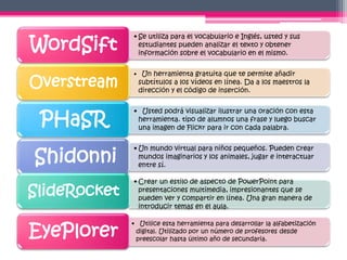 WordSift
              • Se utiliza para el vocabulario e Inglés, usted y sus
                estudiantes pueden analizar el texto y obtener
                información sobre el vocabulario en el mismo.


              • Un herramienta gratuita que te permite añadir
Overstream      subtítulos a los vídeos en línea. Da a los maestros la
                dirección y el código de inserción.



 PHaSR
              • Usted podrá visualizar ilustrar una oración con esta
               herramienta. tipo de alumnos una frase y luego buscar
               una imagen de Flickr para ir con cada palabra.



Shidonni
              • Un mundo virtual para niños pequeños. Pueden crear
                mundos imaginarios y los animales, jugar e interactuar
                entre sí.

              • Crear un estilo de aspecto de PowerPoint para
SlideRocket     presentaciones multimedia, impresionantes que se
                pueden ver y compartir en línea. Una gran manera de
                introducir temas en el aula.



EyePlorer
              • Utilice esta herramienta para desarrollar la alfabetización
               digital. Utilizado por un número de profesores desde
               preescolar hasta último año de secundaria.
 