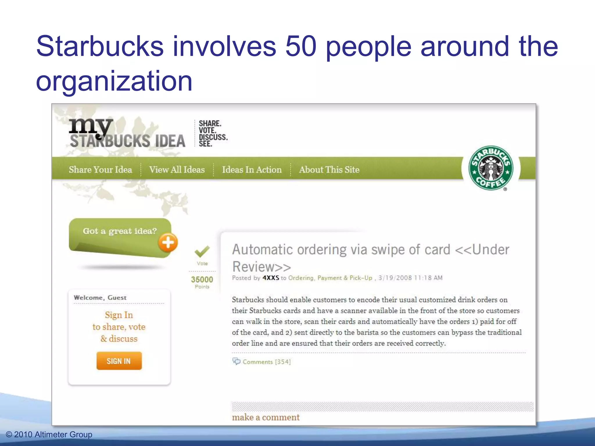 Starbucks involves 50 people around the organization