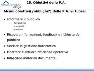 Alcuni obiettivi(/obblighi?) delle P.A. virtuose: Informare il pubblico - tempestività - esaustività - esattezza Ricevere informazioni, feedback e richieste dal pubblico Snellire la gestione burocratica Mostrare e attuare efficienza operativa Rilasciare materiali documentali 25. Obiettivi delle P.A.  