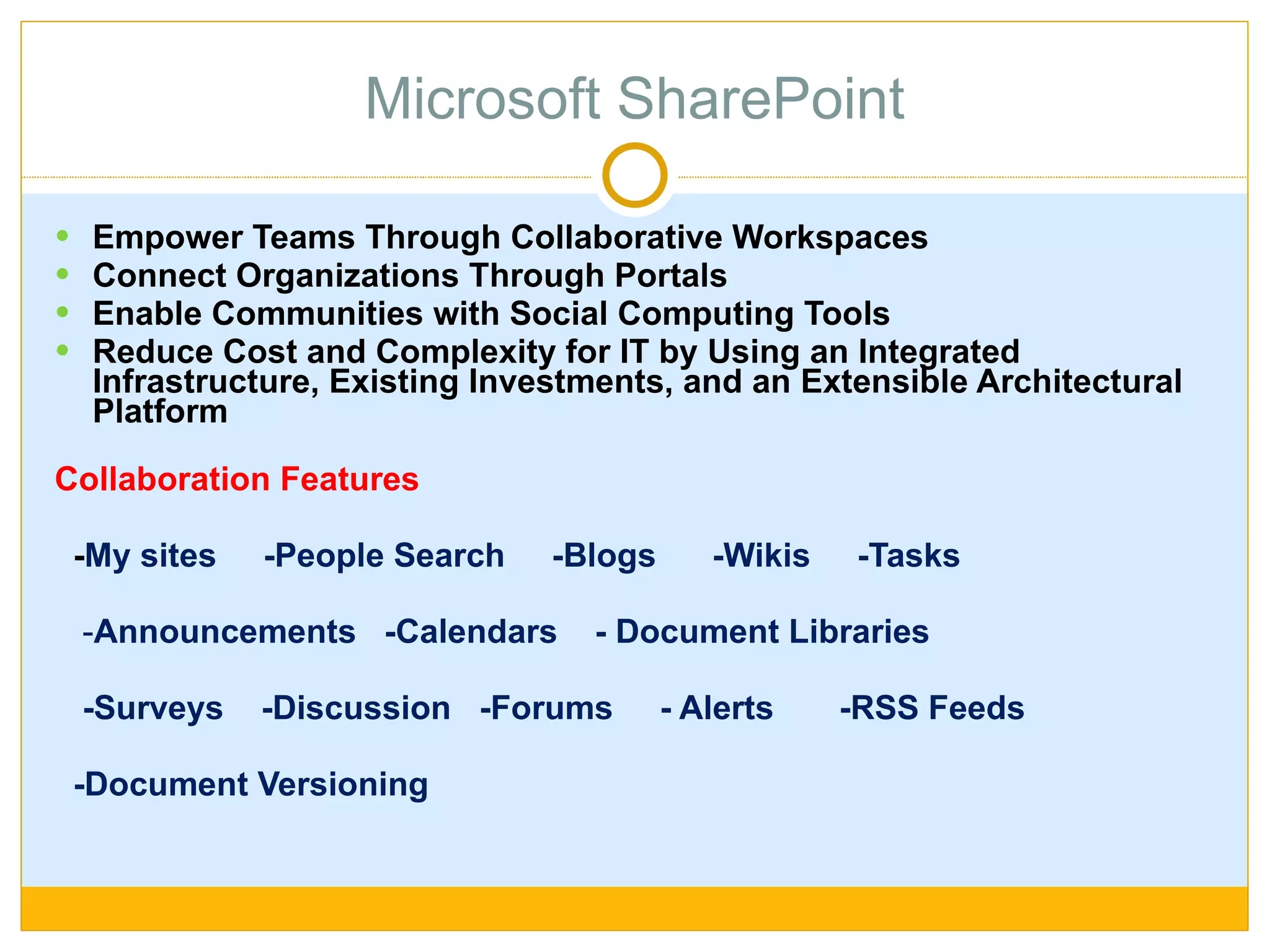 Alfresco (Open source) Personalized Dashboard Shared Site Dashboard Reuse Best Practice Site Activity feed Search for People and Experts Discussion Groups Content tagging Site Calendar  Publish to defacto Blogs and Wikis 