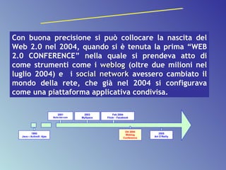 Con buona precisione si può collocare la nascita del Web 2.0 nel 2004, quando si è tenuta la prima “WEB 2.0 CONFERENCE” nella quale si prendeva atto di come strumenti come i  weblog  (oltre due milioni nel luglio 2004) e  i  social network  avessero cambiato il mondo della rete, che già nel 2004 si configurava come una piattaforma applicativa condivisa. Web 2.0: un po' di storia 2001 Bolla dot-com 2003 MySpace Feb 2004 Flickr - Facebook 2005 Art O’Reilly 1995 Java – ActiveX- Ajax Ott 2004 Weblog Conference 
